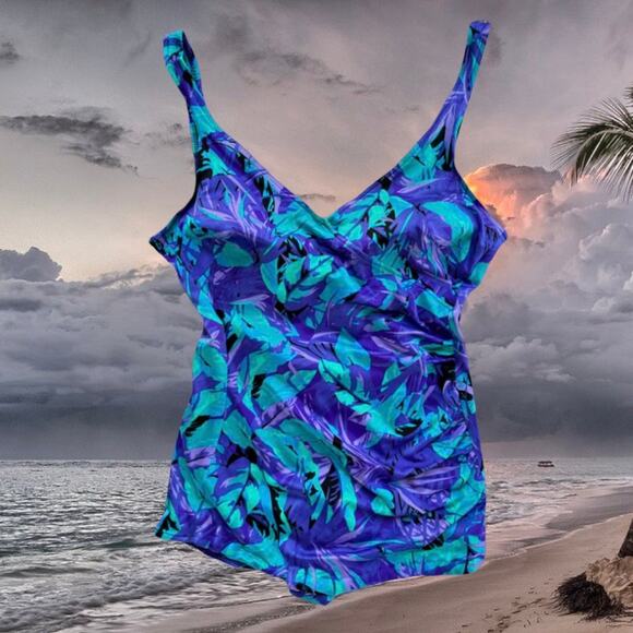 80’s Vintage Maxine Of Hollywood Purple Green Low Leg Glam Swimsuit Bathing Suit - Picture 1 of 12